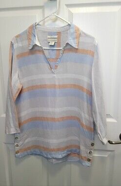 Cynthia Rowley Striped 100% Linen Shirt‎ in Blue, Tan & White Size M